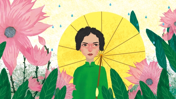 原創(chuàng)手繪荷塘雨景插畫怪味少女