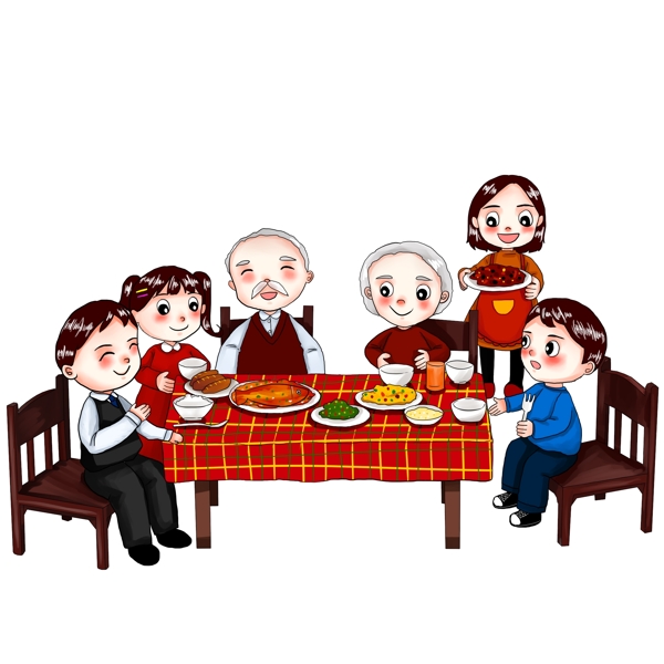 年夜饭家人过年春节父母团圆聚餐吃饭聚会手绘卡通人物