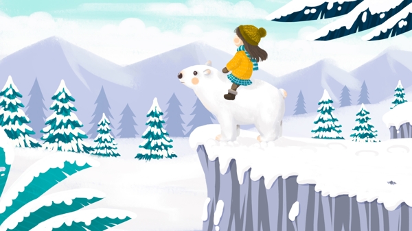 冬天你好白熊与女孩雪景插画