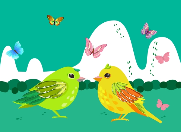 绿色彩绘情侣鸟
