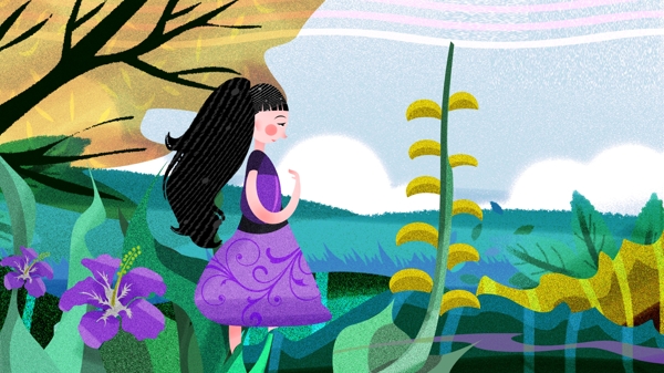 植物女孩綠色花草插畫