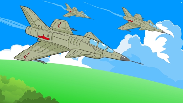 八一建军日战斗机穿越绿野手绘原创插画