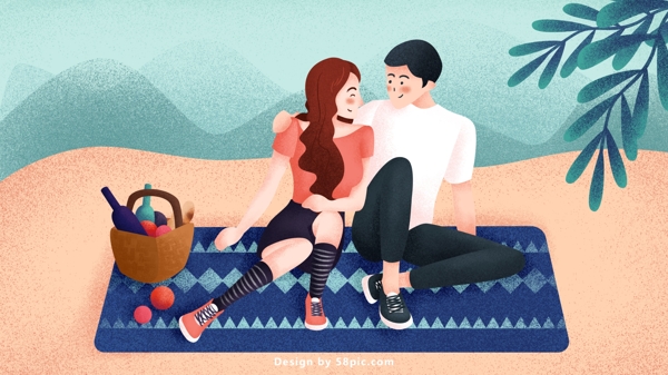 温馨野外旅行情侣野营野餐搭肩原创插画海报