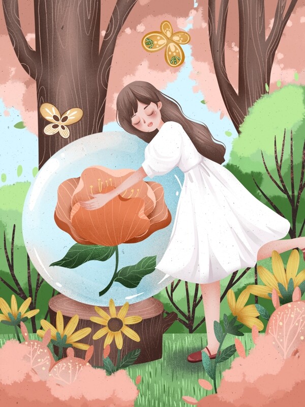 春分女孩在森林拥抱花卉温馨可爱插画