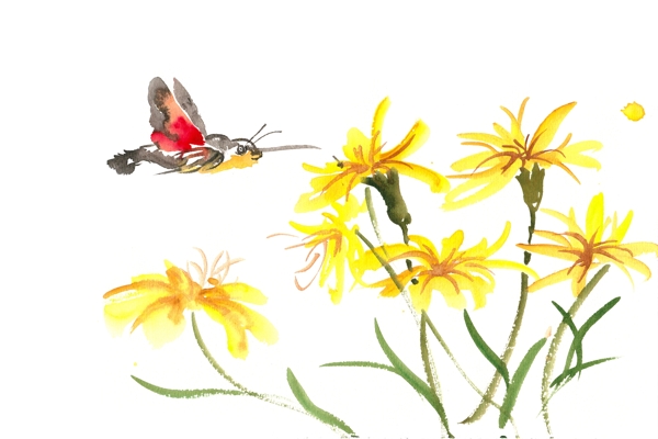 黄色花卉与飞蛾水彩画PNG免抠素材