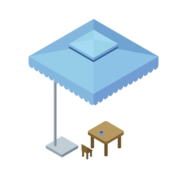 2.5D蓝色遮阳伞桌子板凳伞可商用元素