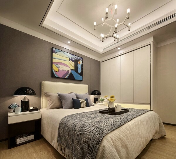 现代时尚极简卧室亮灰色异形台灯室内装修图