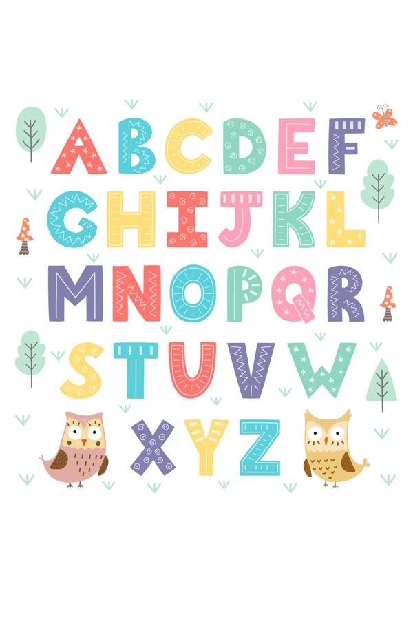 猫头鹰卡通英文字母元素