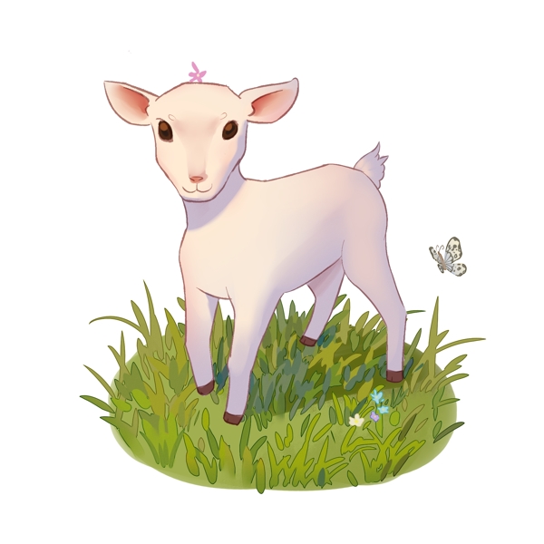 在绿色草地吃青草的小白羊和小蝴蝶飞舞