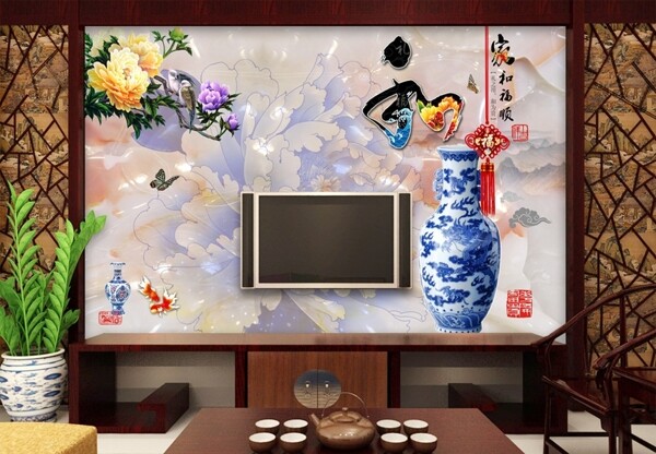 高清電視背景墻玉雕青花瓷家和萬