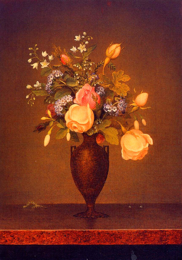 油画布朗花瓶里的野花图片