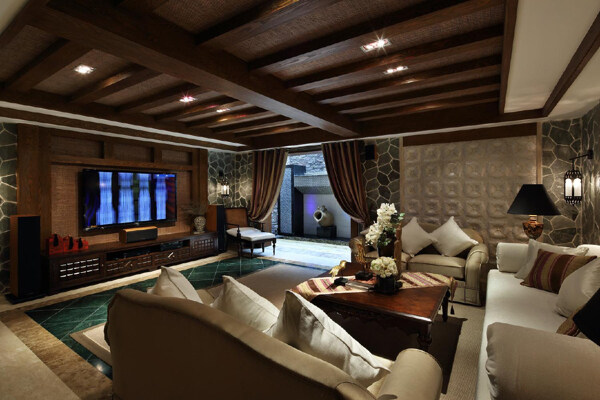 现代奢华木制天花板客厅室内装修效果图