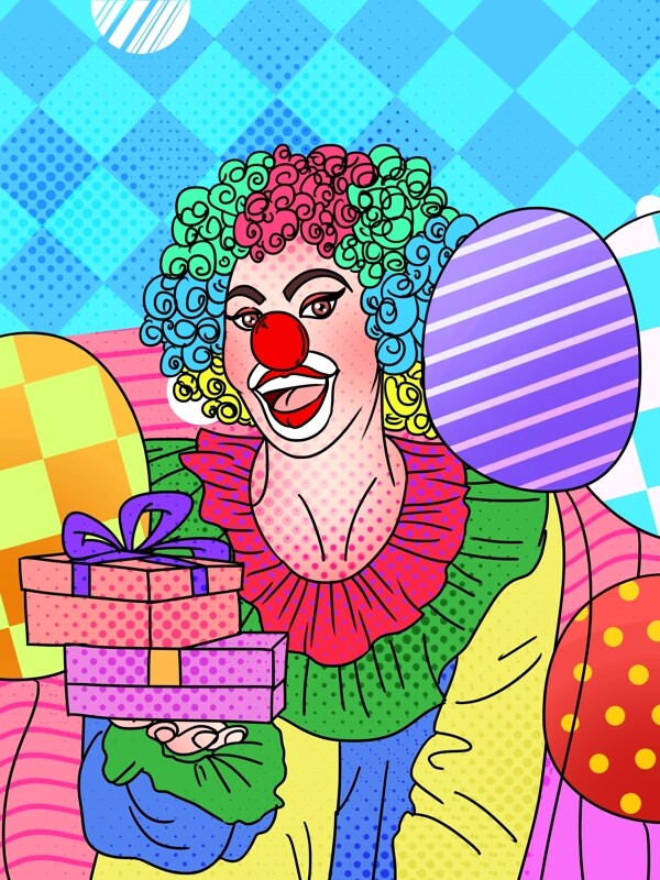 波普风愚人节小丑气球插画背景设计