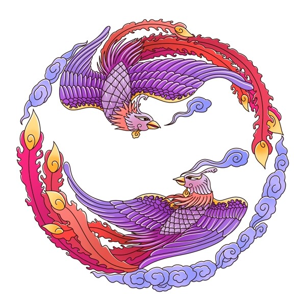 传统风格紫红色两只凤凰圆形图案