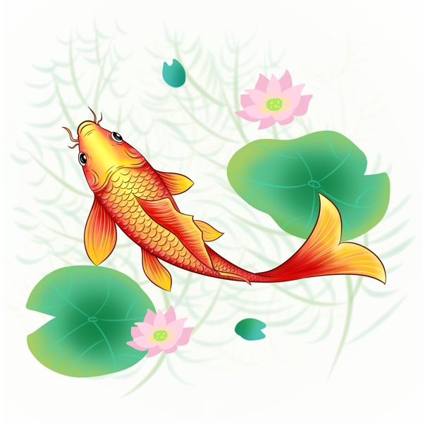 商用新年荷花紅色錦鯉新春鯉魚貼圖裝飾圖案