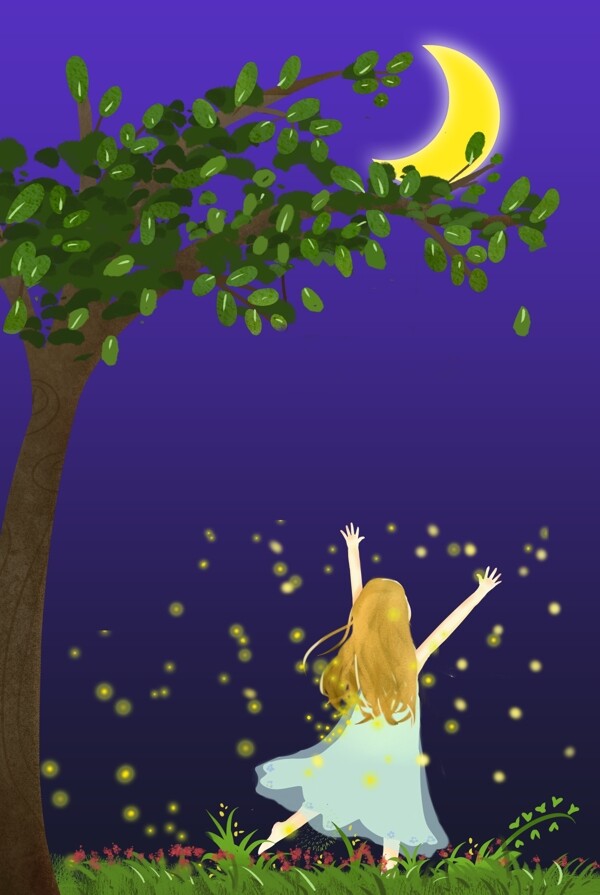 夏天夜晚月亮大树下小女孩扑萤火虫背景
