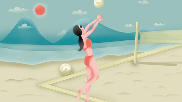 夏日沙滩排球狂欢肌理插画