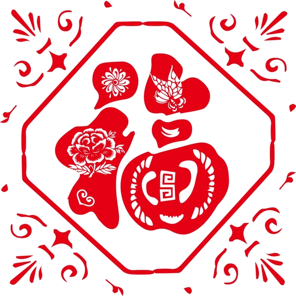 紅色剪紙新年福字可商用