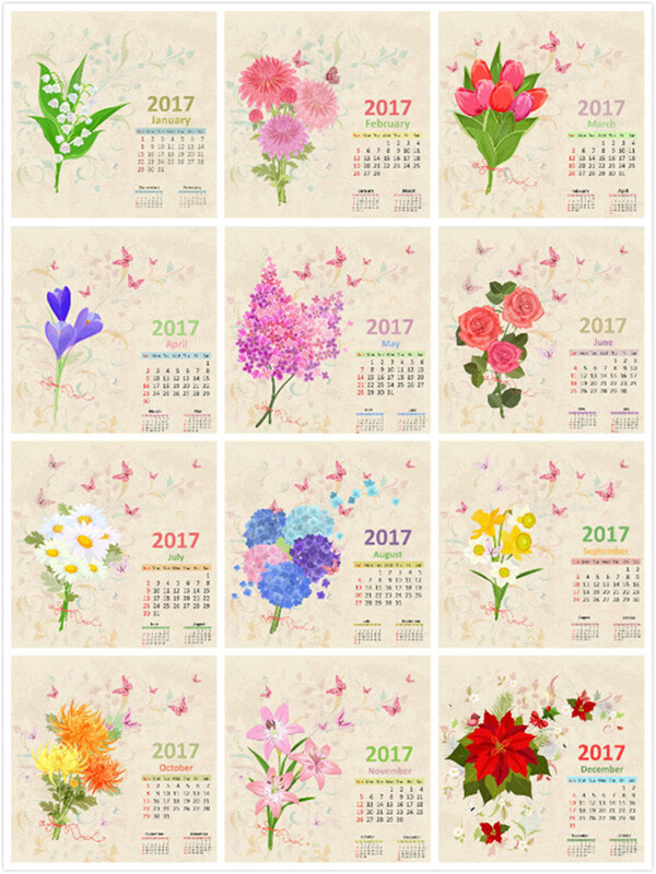 手绘花朵月历
