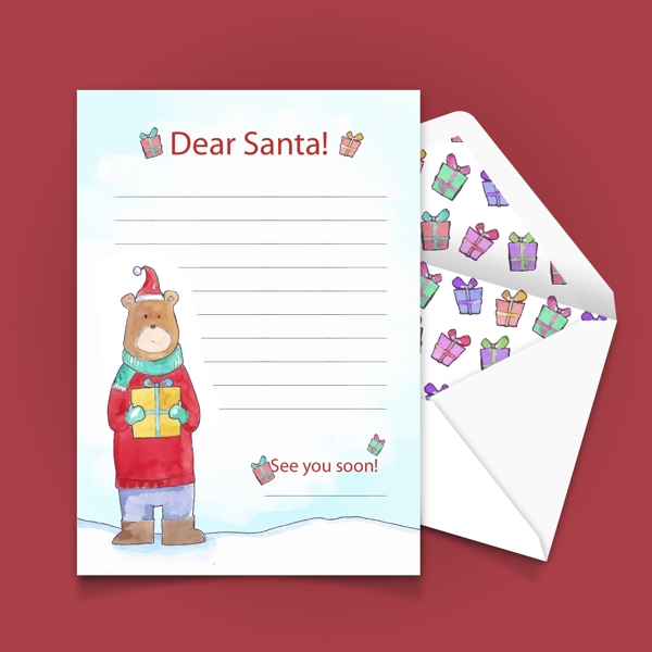 彩绘熊圣诞节信封和信纸矢量图