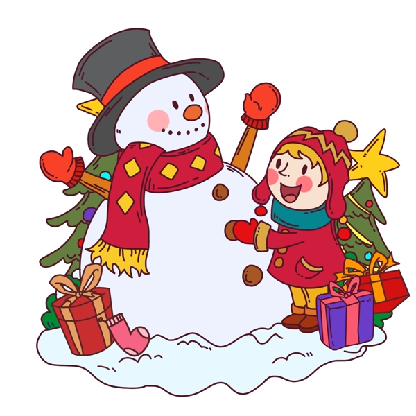 圣誕節(jié)兒童和雪人插畫