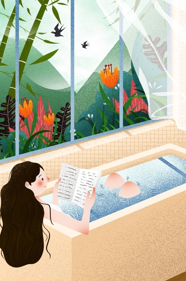 浴缸看书女孩插画