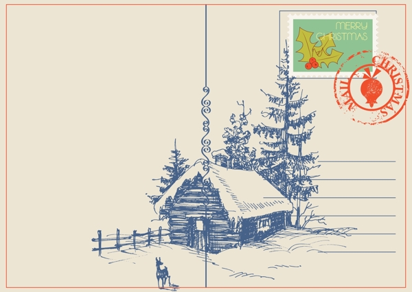 圣誕雪景郵票ai矢量素材下載