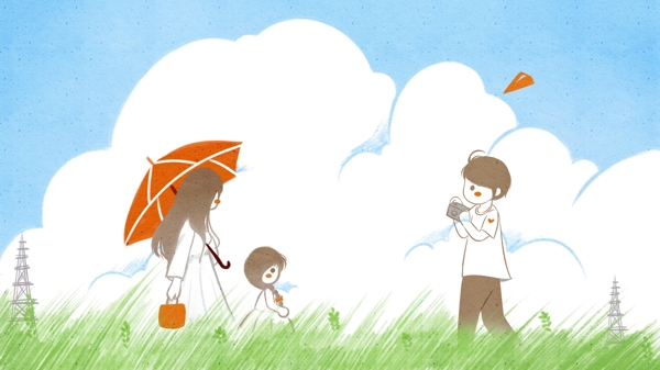 小清新卡通可爱撑着伞温馨一家人旅游