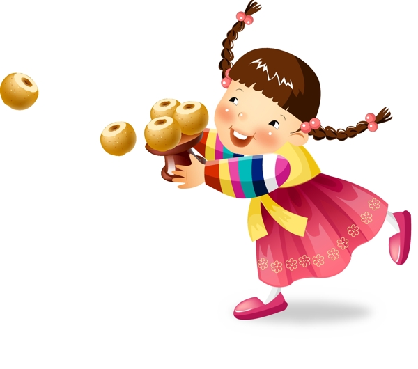 卡通手拿水果的小女孩
