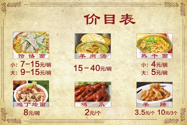 菜單價目表