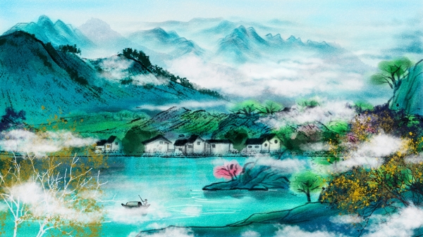 复古水彩画中国水墨画风景画中国水墨插画