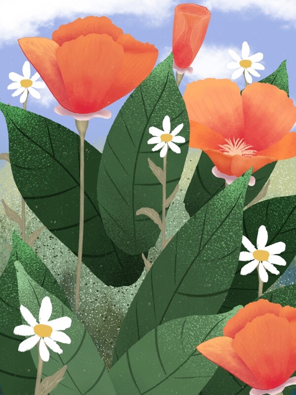 手绘春季花丛背景设计