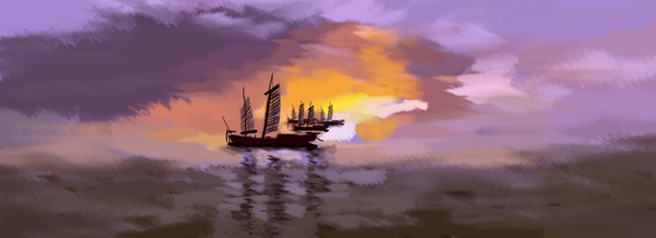 夕阳海上船美景水粉画背景