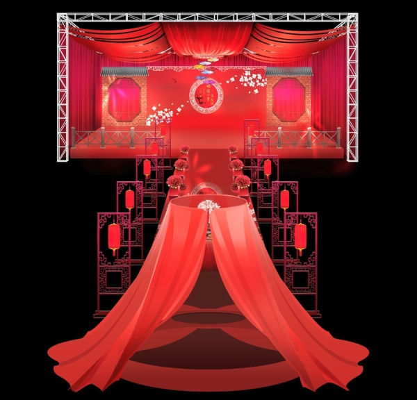 典雅浪漫中式红色婚礼舞台效果图