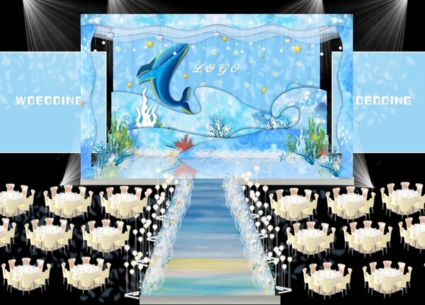蓝色海洋风婚礼舞台效果图