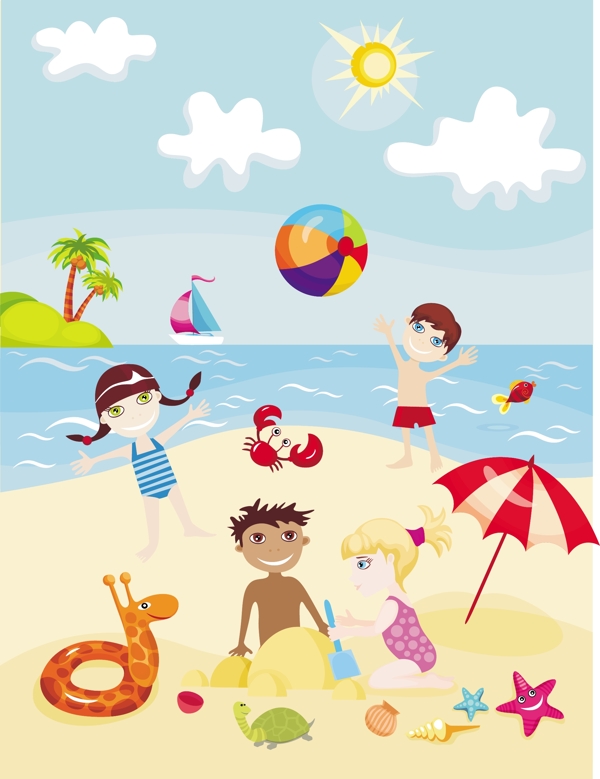 卡通小孩夏日海灘矢量素材