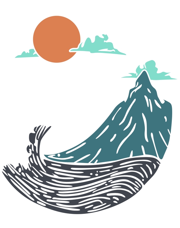 海浪素材高山日出太阳卡通图片