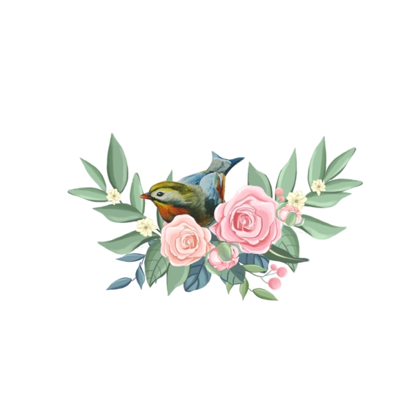 粉色玫瑰花間小鳥(niǎo)
