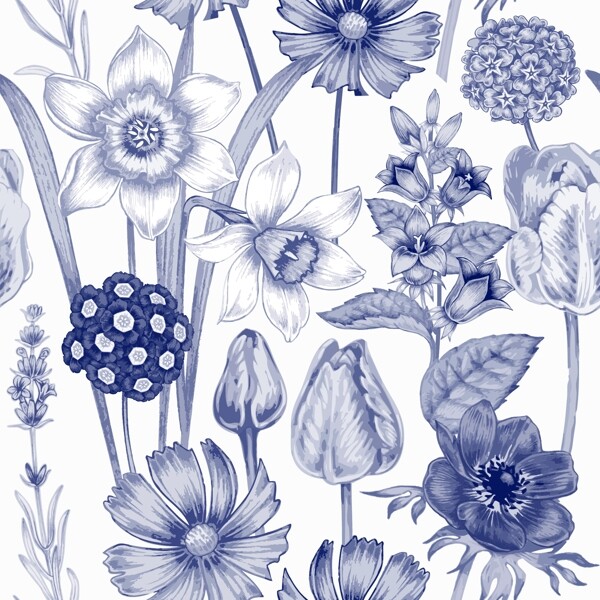 手绘植物花朵花卉四方连续底纹