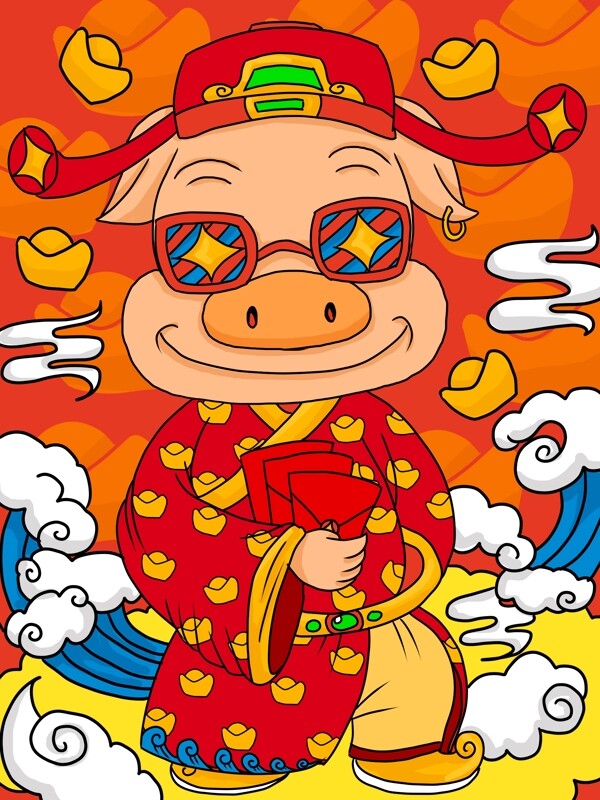 新年招财猪发红包送红包啦潮漫卡通商业插画