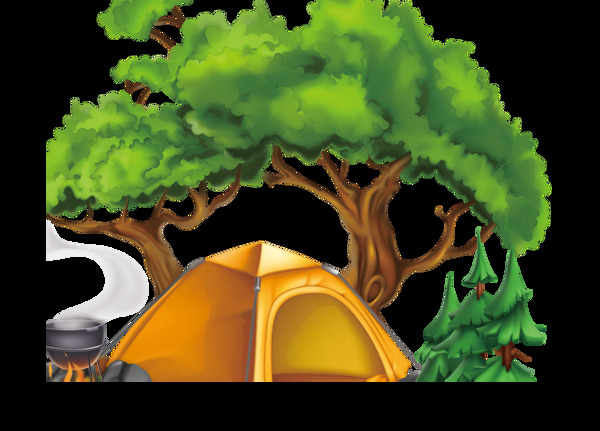 手绘绿色大树下的帐篷png元素