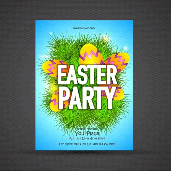 复活节派对传单模板与草和五颜六色的鸡蛋