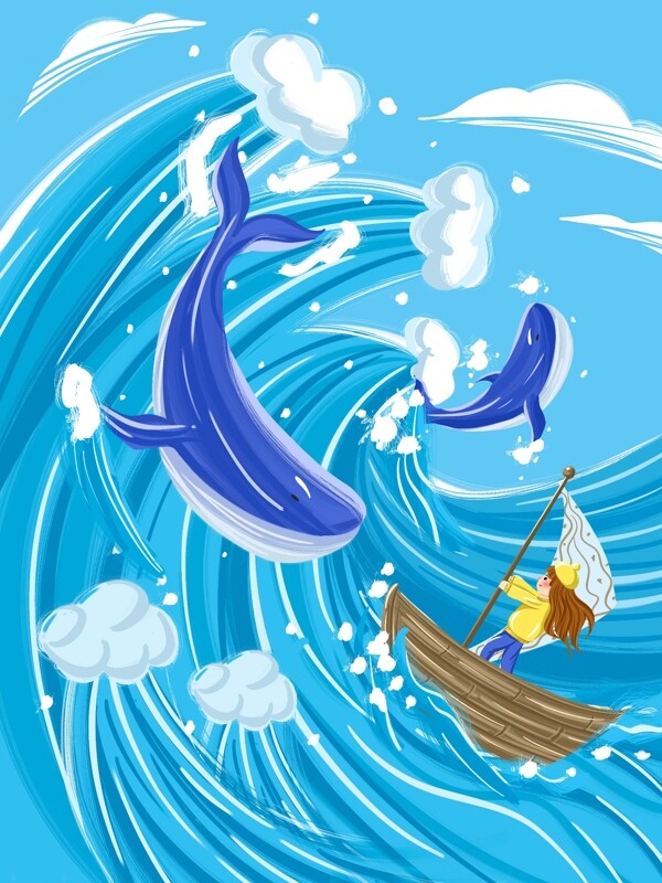 鲸鱼与女孩海浪治愈系插画