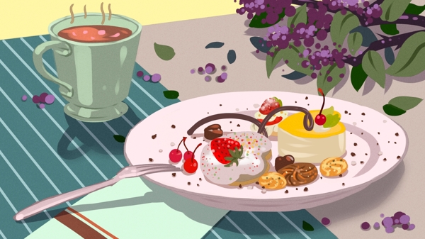 美食甜品下午茶之精致法式甜点清新原创插画