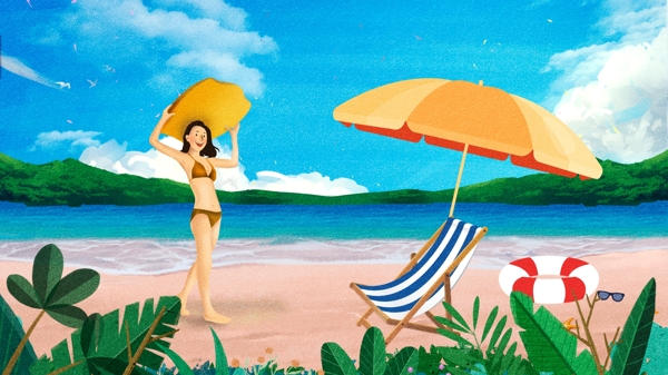 原创蓝天大海清新唯美美女沙滩插画背景设计