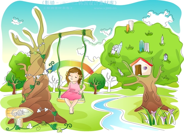 兒童線條插畫小孩游玩卡通童話韓國花紋時尚花紋底紋矢量素材矢量圖片HanMaker韓國設(shè)計素材庫