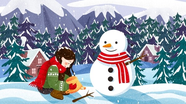 唯美冬天雪地堆雪人女孩冬季雪景插画