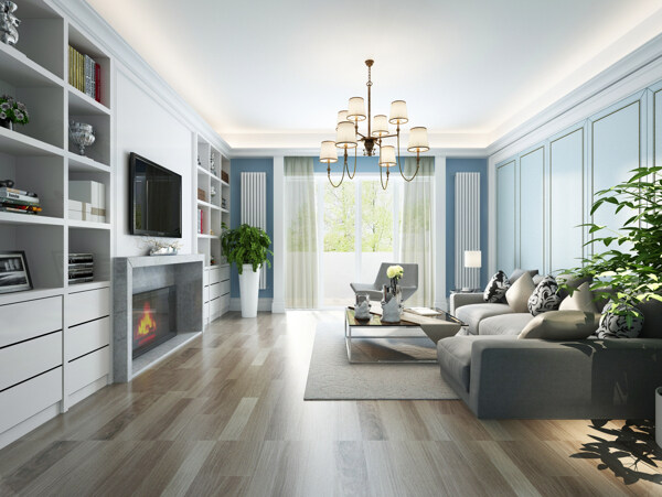 美式清新客厅淡蓝色背景墙室内装修效果图