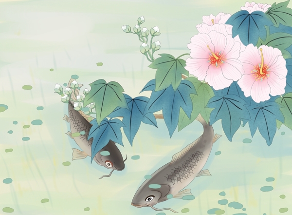山水鱼群花朵国风插画背景素材