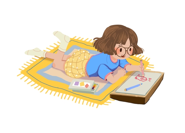 儿童节玩耍趴在地上画画的小女孩